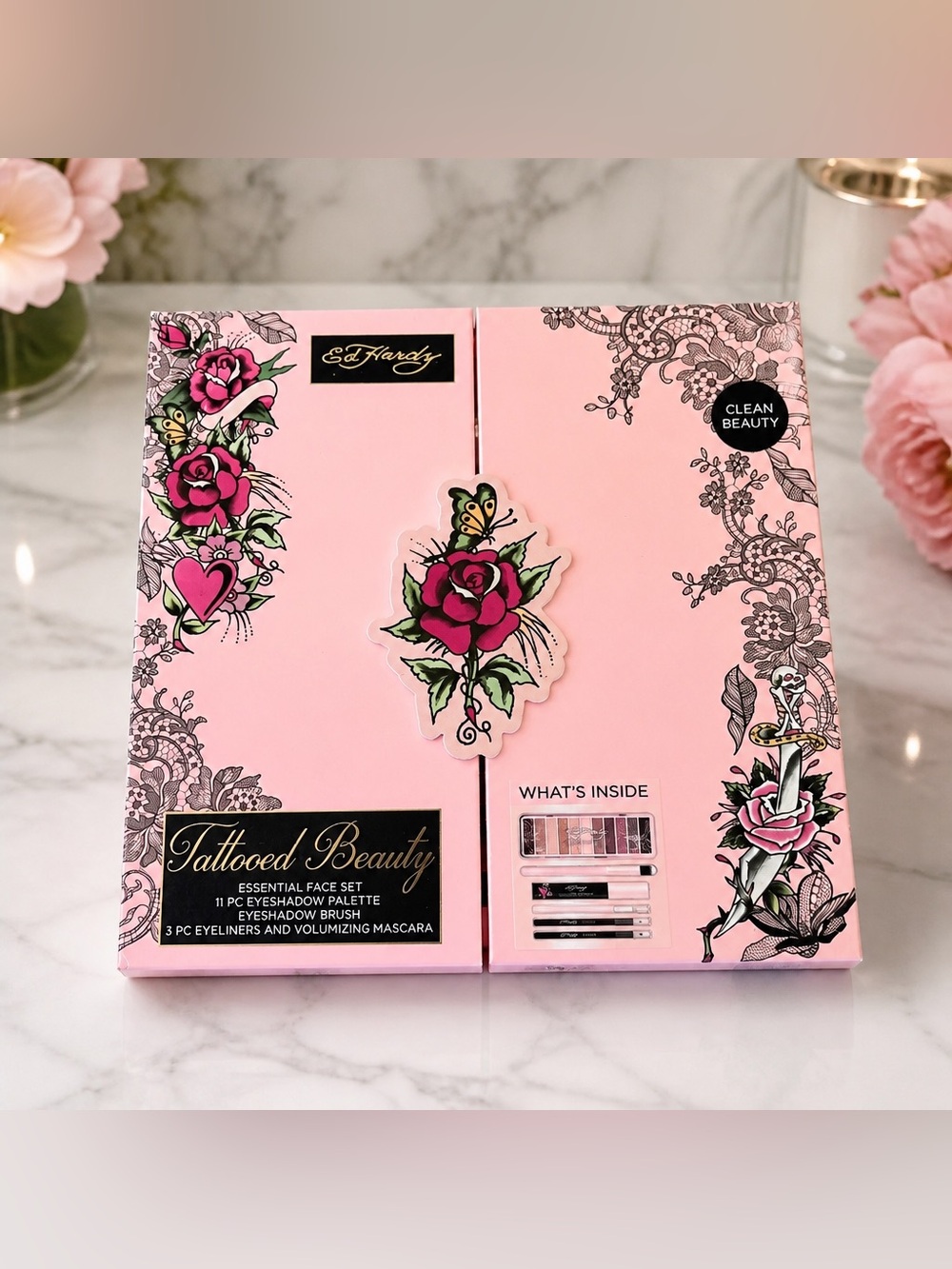 Ed Hardy Tattooed Beauty Essential Face Set Eyeshadow Eyeliner Mascara New